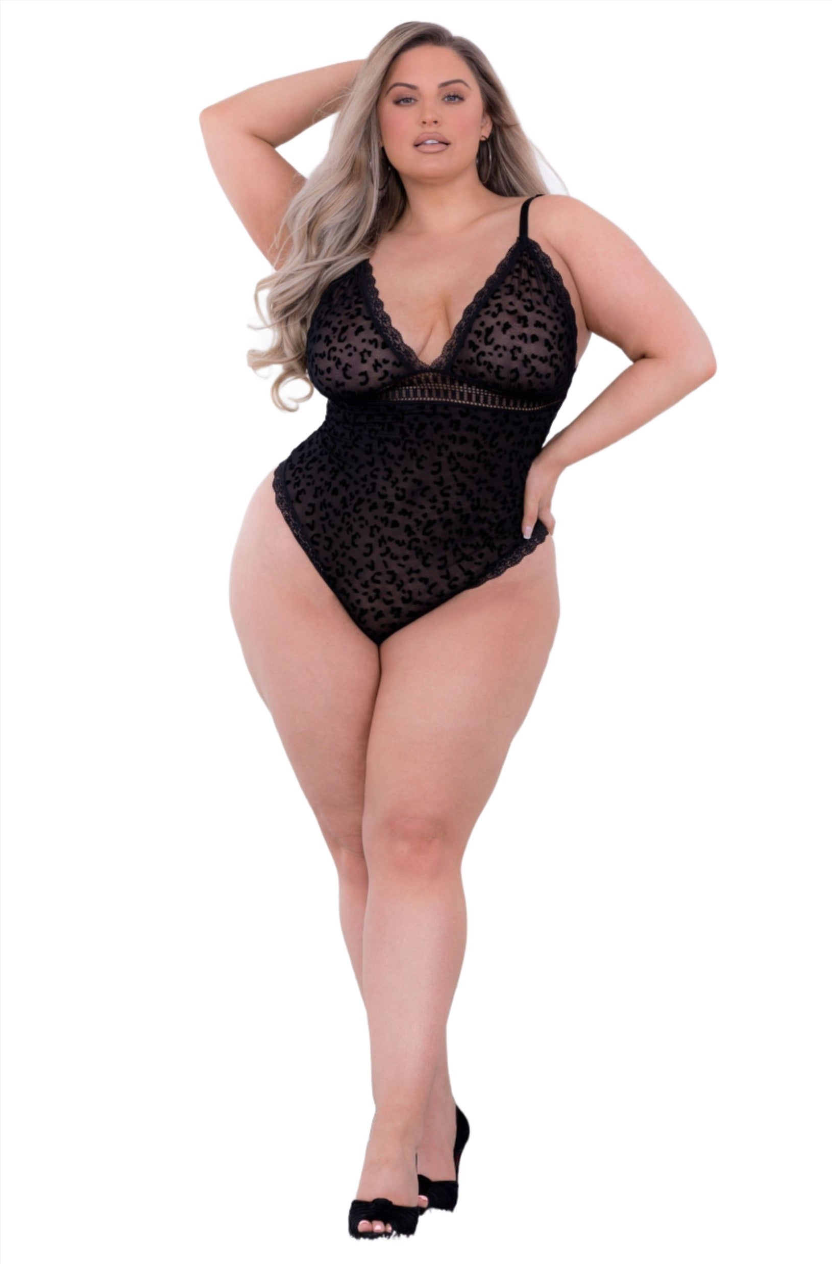 Wild Thang, plus size black velvet leopard print teddy- Velvet Quarters lingerie boutique