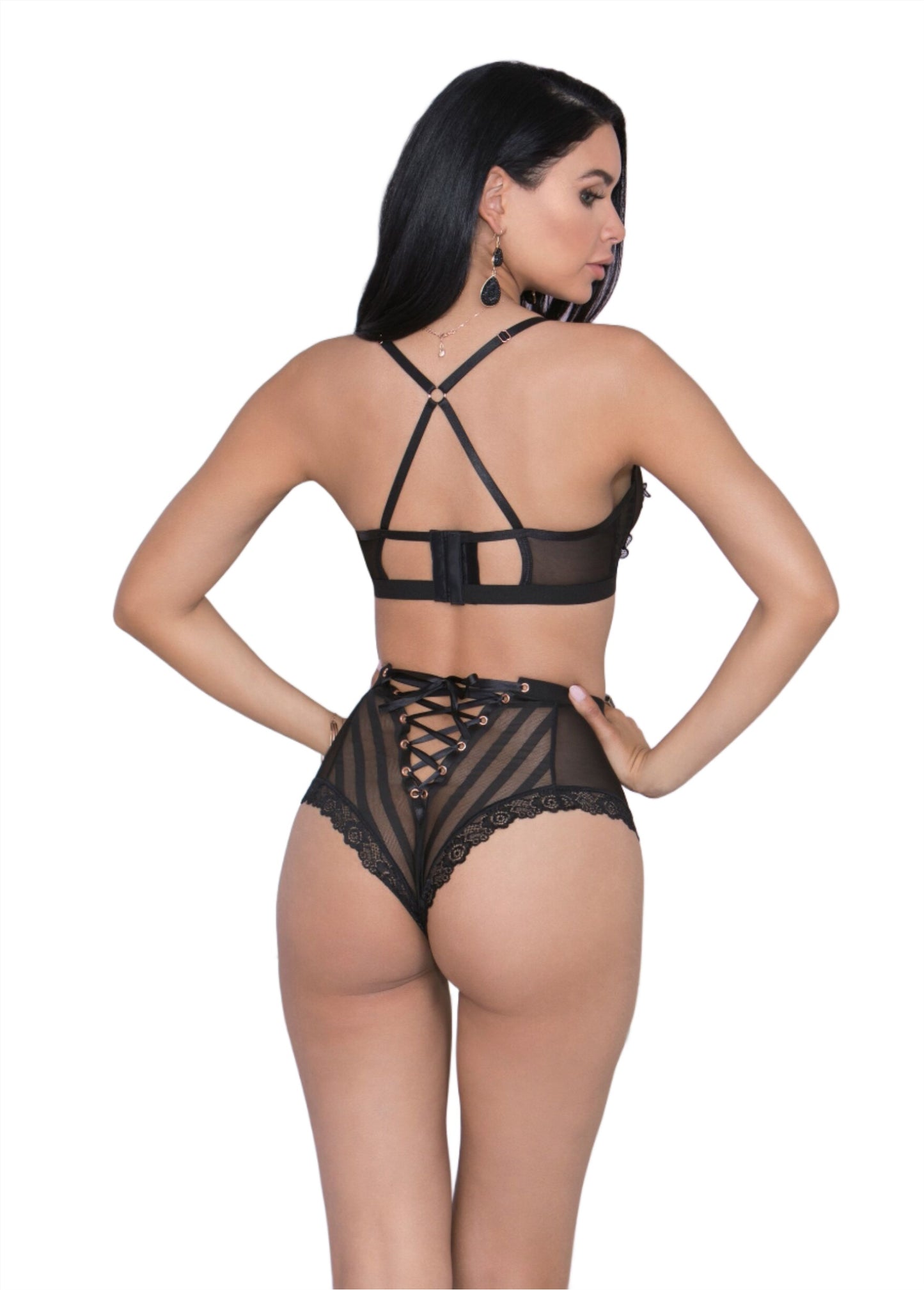 Black two piece bra and panty set with floral applique. Amore - Velvet Quarters