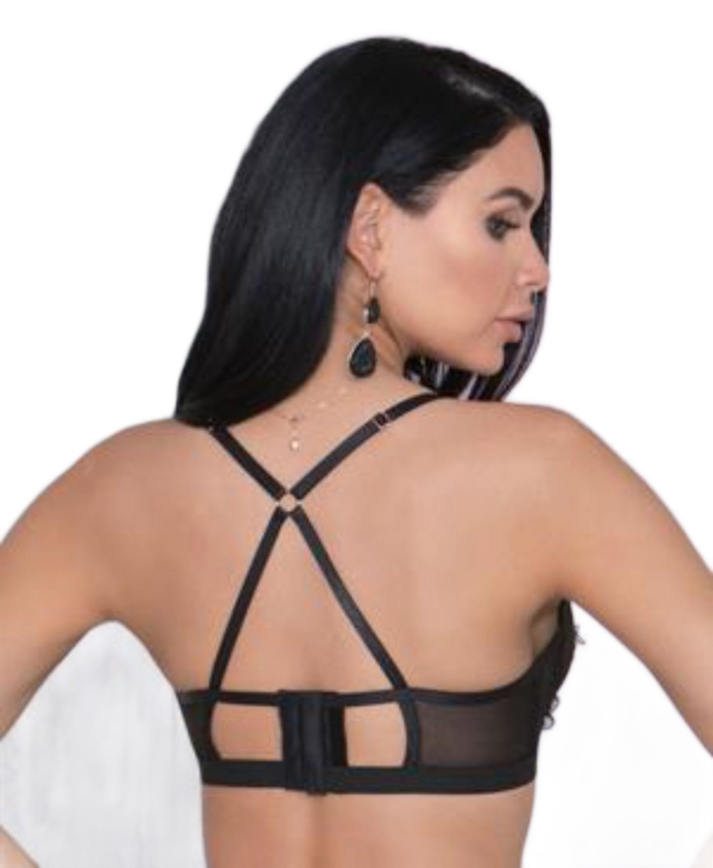 Black two piece bra and panty set with floral applique. Amore - Velvet Quarters