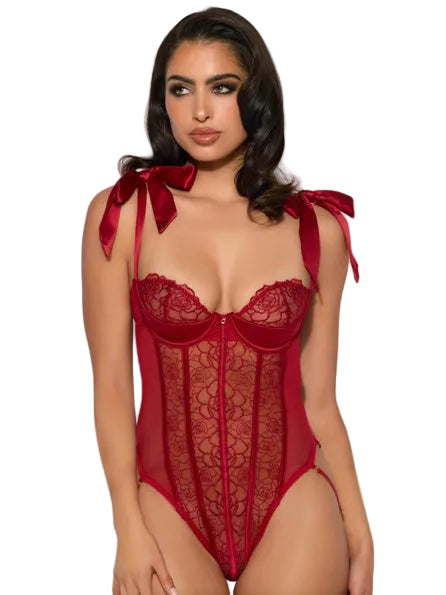 Red lace lingerie set with satin straps worn by a model on a white background
